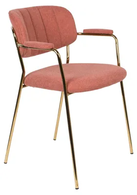 Sessel Jolien mit gerippter Rückenlehne, rosa Stoffbezug und goldenem Metallgestell in Gesamtansicht.