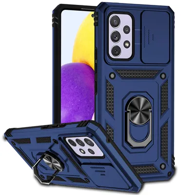 Immagine prodotto di Custodia per Samsung Galaxy A72 5G / 4G a doppio strato con copertura scorrevole della fotocamera e supporto ad anello blu