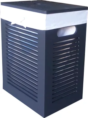 A dark grey laundry basket with a white fabric liner and a black lid, shown against a white background.