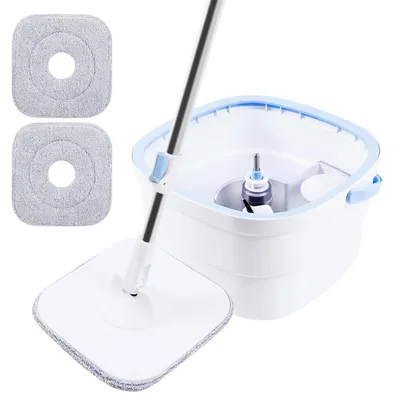Obrázok produktu pre Sada mopu a vedra – plochý mop – otočný o 360° – systém oplachovania a žmýkania – mikrovláknové podložky – na parketové, dlažbové a laminátové podlahy