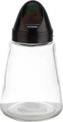 A clear studio shot of a glass shaker with a black lid.
