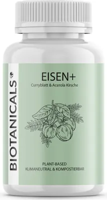 Produktbild von Biotanicals Eisen+, Kapsel, Vitamin C, Eisen, Curryblatt Extrakt, Acerola Kirsche Pulver, Kapselhülle: Hydropropylmethylcellulose (HPMC)...., Gebrauchshinweise: 1 Kapsel täglich mit 200 ml Wasser 1 Stunde vor dem Essen einnehmen. Inhalt:..., Deutschland