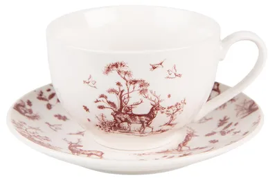 Immagine prodotto di Tazza e piattino Clayre & Eef 200 ml Renna e alberi in porcellana rossa beige