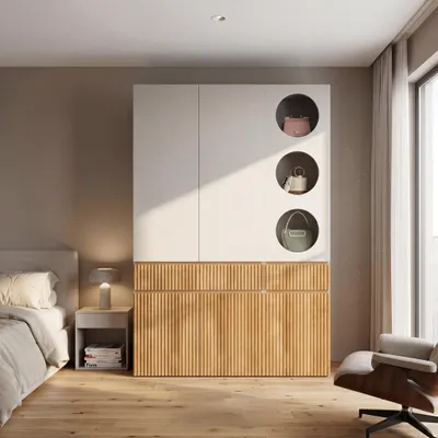 Imagen del producto de Armario STILVORA con 6 puertas y barra para colgar, armario de puertas batientes con 2 cajones, armario alto para dormitorio, pasillo y oficina, Imagen generada por IA