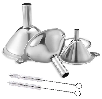 Produktbild von Edelstahl Trichter Set - 3-teilig mit 2 Reinigungsbürsten - Küchenzubehör zum Abfüllen von Flüssigkeiten und Pulvern