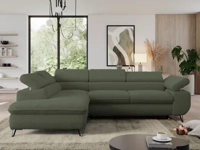 Produktbild von Couch mit Schlaffunktion, L-form Ecksofa, Wohnzimmersofa, mit Einstellbare Kopfstützen - PEDRO L - Boucle - Grün - Links