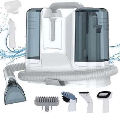 A carpet cleaner with various attachments is displayed against a white background with water splashes.