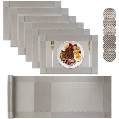 Platzsets 6er Set mit Untersetzern, Tischdecke 30x180 cm, grau