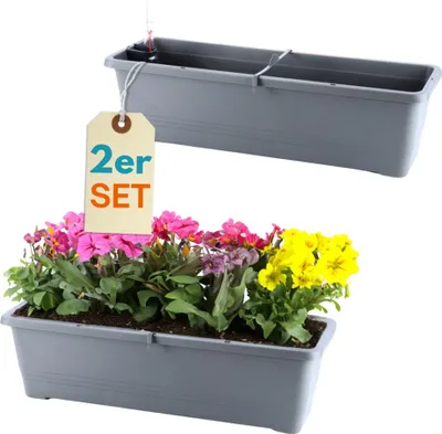 Produktbild von 2er Set Blumenkasten mit Wasserspeicher Blumenkasten Fensterbank Pflanzkasten Outdoor Wasserstandsanzeiger Gießschacht Bewässerungsband 50 cm Anthrazit