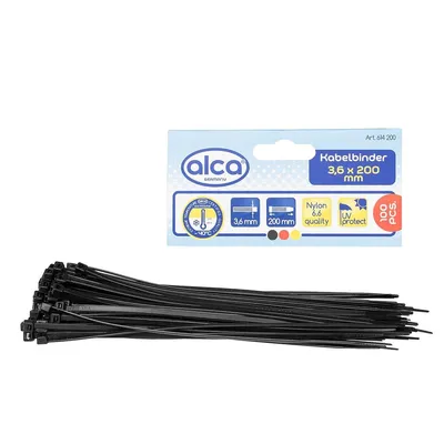 Obrázok produktu pre alca® káblové pásky 3,6*200 mm 100 ks čierne 18 kg pevnosť v ťahu odolné voči UV žiareniu pre vnútorné a vonkajšie upevnenie káblov nylon odolný voči teplote