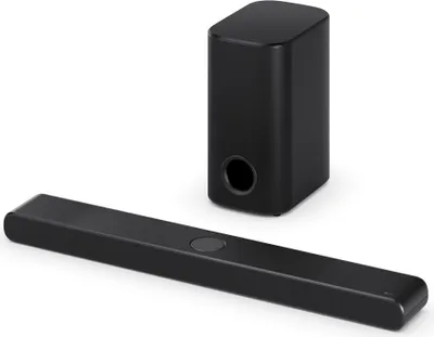 A black soundbar and subwoofer are displayed on a white background.