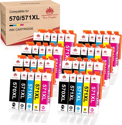 A box of ink cartridges is shown, with many individual cartridges arranged in front of it.