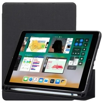 Produktbild von Mobigear Dreifach-Faltetui für iPad 6 (2018) aus TPU und Kunstleder, Klapphülle mit Stifthalter - Schwarz