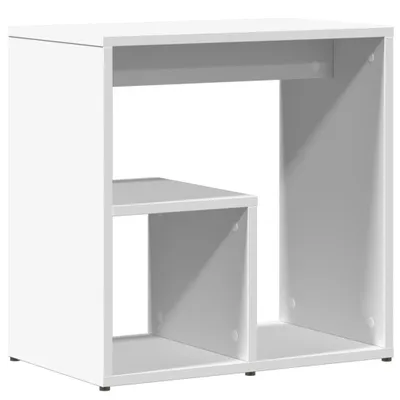 A white, modern side table with two open shelves.