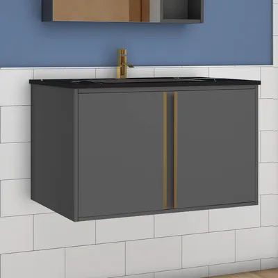 Produktbild von Badmöbel Set 80cm Schwarz Felsplatte Waschtisch mit Unterschrank Dunkelgrau Matt