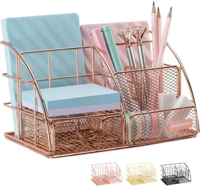 Produktbild von Schreibtisch-Organizer 5 Fächer Mit Schublade, Roségold Drahtgeflecht, Für Büro Und Homeoffice