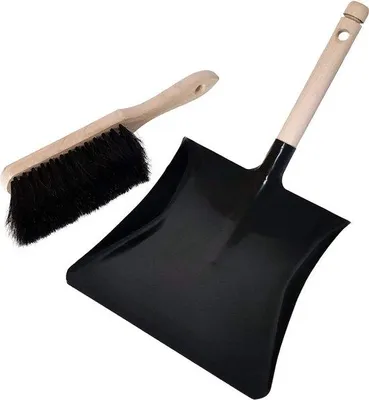 Produktbild von Unyqoos® 2‑teiliges Kehrset – Handbesen aus Naturhaar mit Holzgriff & schwarz lackierte Metall-Kehrschaufel, entfernt Krümel, Staub und Schmutz