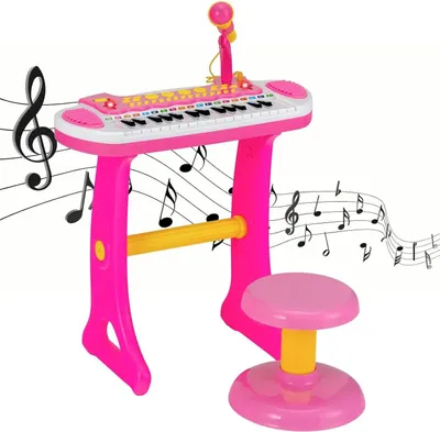 Immagine prodotto di Tastiera per bambini - Pianoforte giocattolo - 31 tasti - Effetti luminosi - Molti suoni - Microfono regolabile - Sgabello incluso - 3-6 anni - Rosa