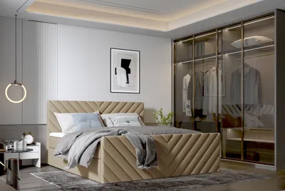 Produktbild von Emoebel24 Polsterbett 200x200 cm mit Stauraum – Modernes Designerbett mit Samtbezug & hohem Kopfteil – Beige Schlafzimmermöbel SATURN