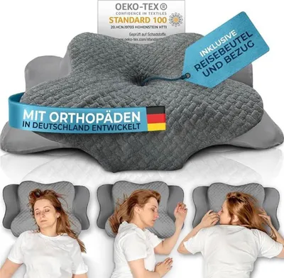 A pillow with marketing text and images of people sleeping on it.