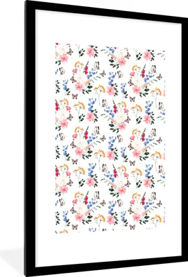 Produktbild von MuchoWow® MuchoWow® Gerahmtes Poster Blumen - Schmetterling - Pastell 60x90 cm - Poster mit zchwarzem Bilderrahmen - Dekoration - Wandposter Wohnzimmer - Hochwertig