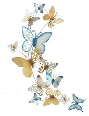 Obrázek produktu pro Nástěnný panel „Butterflies C“ s motivem létajících motýlů ve zlaté a modré barvě, rozměry 59 × 111 cm