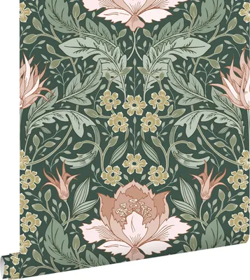 Zdjęcie produktu dla ESTAhome Tapeta vintage kwiaty w stylu secesyjnym ciemnej zieleniIjasnego różu 50 x 900 cm