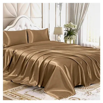 Produktbild von 4-teiliges Satin-Bettwäsche-Set, s Satin-Bettwäsche-Set mit tiefem Taschenformat, 1 Spannbetttuch + 1 Bettlaken + 2 Kissenbezüge (King-Size, Kamelbraun)