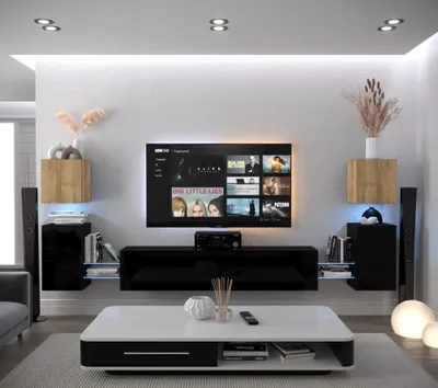 Produktbild von Furnitech Wohnwand Wohnzimmer - Wohnzimmer Möbel mit LED Weiß - Hängend Wohnwand Modern - Regale und TV Schrank (AN105-21DZB-HGM3 1C)