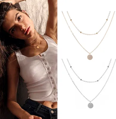 Produktbild von Frauen 2-lagige runde Scheibe baumeln Schlüsselbeinkette Halsband Halskette Partyschmuck-Golden