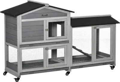 Produktbild von Hasenstall 2 Etagen Kaninchenstall aus Holz 157,4 x 53 x 99,5 cm Kaninchenkäfig mit wetterfest Bitumendach, Freilaufgehege, Rampe, Tür, Stahlgitter, Hasenkäfig für Kaninchen, Outdoor Grau
