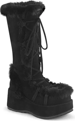 A black, lace-up, platform boot with faux fur trim.