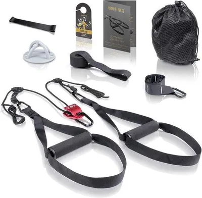 Immagine prodotto di Set di allenamento a sospensione Unyqoos® da 7 pezzi – completo sistema di allenamento a sospensione con sistema a carrucole, ancoraggio per porta, fissaggio a parete/soffitto, piastra per porta, barra per esercizi, borsa da trasporto e fascia elastica per allenamento di tutto il corpo