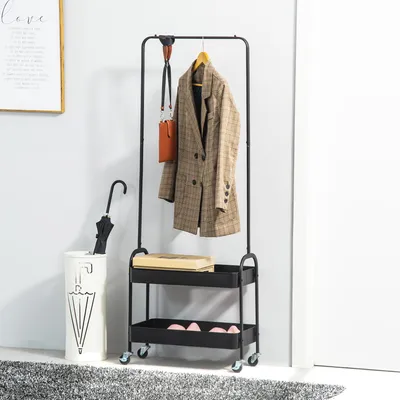 Produktbild von Kleiderständer auf Rollen, Metall mit Schuhablage, fahrbar freistehend, Schwarz | 56,5 x 31,5 x 152,5 cm | 2 Ablagen | arretierbare Rollen