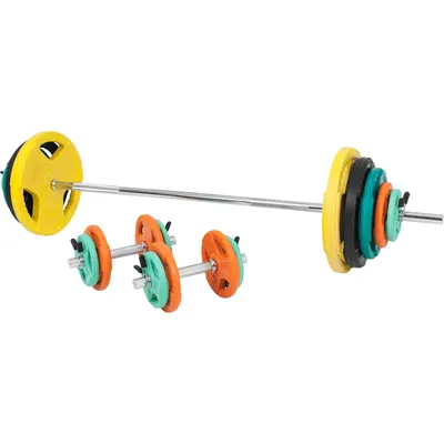 Produktbild von GORILLA SPORTS® Hantelset 100 kg - 6x1,25kg, 6x2,5kg, 2x5kg, 2x10kg, 2x15kg Gewichte, Langhantelstange 170 cm, Kurzhanteln, 30 mm, Gusseisen gummiert, mit 6 Federverschlüssen - Langhantel Set