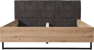 Produktbild von Homestyle4u Holzbett 180x200 Doppelbett mit Lattenrost Natur Eiche Stoff Kopfteil Grau