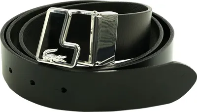 A black leather belt with a silver buckle featuring the Lacoste crocodile logo.