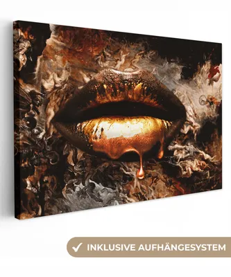 Produktbild von MuchoWow® - Leinwandbilder - Gold - Lippen - Kunst - Gold - Luxus - Abstrakt, Wandbild, Wanddeko Bilder Wohnzimmer, 120x80 cm