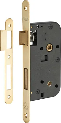 Image de Serrure encastrable à condamnation pour porte de salle de bain et toilettes, axe 50mm, bouts ronds, laiton brossé - THIRARD
