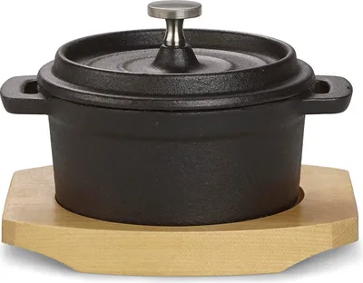 Produktbild von Echtwerk Kochtopf aus Gusseisen, Mini-Kochtopf mit Servierbrett, Kleiner Bräter, Bereits eingebrannt, Für Backöfen, Grill, BBQ und Induktion geeignet, Ideal zum Garen und Servieren, 200 ml, Ø 9,2 cm