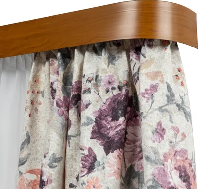 Produktbild von SN Deco - Vorhangschiene SH Set 2-läufig weiß 150cm, mit Endbögen, Gardinenschiene, vorgebohrt, m. Blende Kirsch 5cm, Komplettes Zubehör und Röllchen