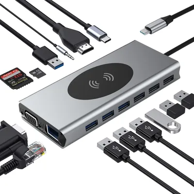 Image de INF Adaptateur multiport concentrateur Type-C 15 en 1 avec HDMI, VGA, Ethernet, USB C PD