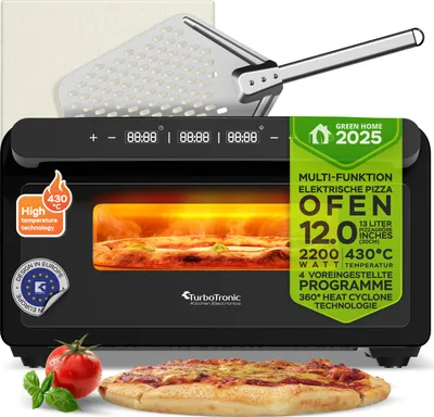 Obrázok produktu pre TurboTronic pec na pizzu – PO15 – až 430 °C, pizza do 30 cm za 2 min., s pizza kameňom a lopatou, nehrdzavejúca oceľ, rýchly ohrev, na pizzu, steak a lahmacun Čierna