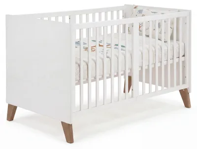 Obrázek produktu pro roba Dětská postýlka Ole 70 x 140 cm - Rostoucí postýlka s nohami z masivního dřeva - Výškově nastavitelná - Přestavitelná na juniorskou postel - Bílá / dub