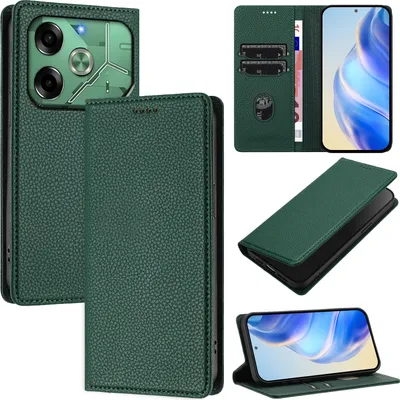 Produktbild von Litchi Leder Handyhülle für Tecno Pova 6 4G Wallet Kartenfächer Standfunktion Hülle Grün