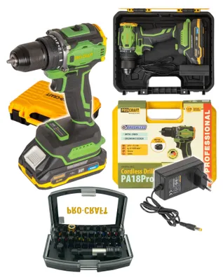 Produktbild von Procraft PA18Pro Akku Bohrschrauber 20 V 30 Nm Brushless + 1x Akku 1,5 Ah + Ladegerät + 32 tlg. Bit Set + Koffer