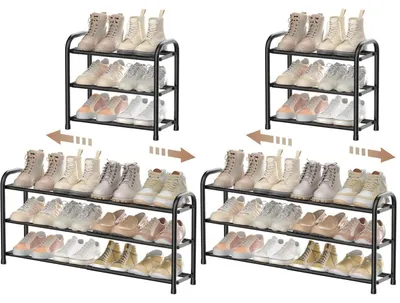 Zdjęcie produktu dla Metalowa półka na buty, 3 półki, wysuwana, 45,2-83,2 cm, czarna, zestaw 2 sztuk
