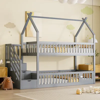 Produktbild von 90x200 Kinder-Etagenbett Massivholzbett mit Dach, Sicherheitstreppe und Stauraumschubladen, Stauraum Kinderbett Einzelbett Grau