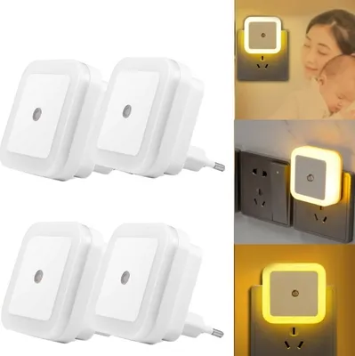 Collage of LED night lights plugged into sockets, with a lifestyle image of a mother and baby.