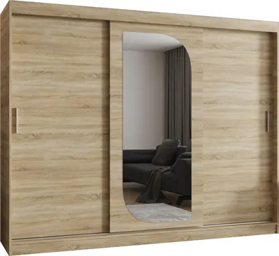 Produktbild von MEBLE KRYSPOL LUCY 250 Kleiderschrank mit drei Schiebetüren für Schlafzimmer – moderner Aufbewahrungsschrank mit Kleiderstange und Regalen – 250x200x62cm - Sonoma